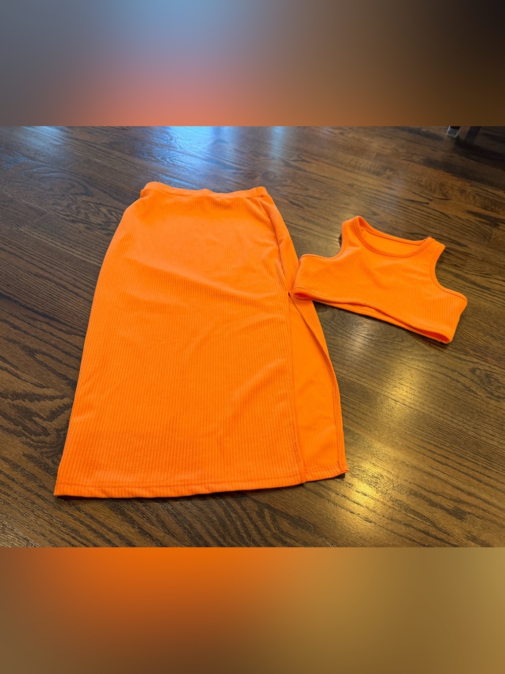 SHEIN Neon Orange Ribbed Two-Piece Set - Crop Top & Skirt